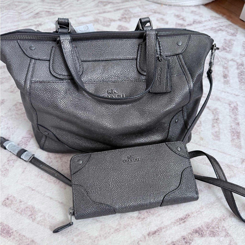 Coach Grey Metallic Leather Tote And Wallet Set